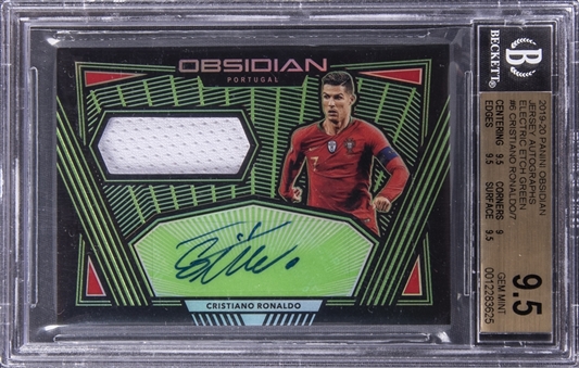 2019/20 Panini Obsidian "Jersey Autographs" Electric Etch Green #6 Cristiano Ronaldo Signed Jersey Card (#7/7) - BGS GEM MINT 9.5/BGS 8 - Ronaldos Jersey Number! - POP 1